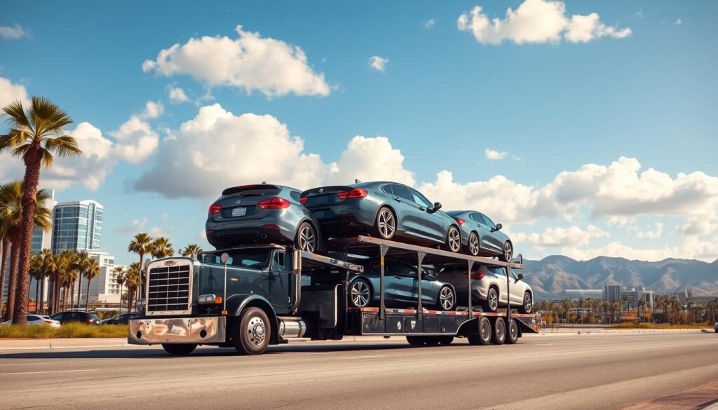 A professional auto transport scene featuring a car carrier truck loaded with various vehicles, showcasing the transport process. In the foreground, the truck is prominently displayed with sleek cars secured on the trailer, emphasizing safety and professionalism. The middle ground features a bustling San Diego landscape with palm trees and modern buildings, hinting at the city's vibrant atmosphere. In the background, the rugged outline of mountains symbolizing the journey towards Phoenix can be seen under a bright blue sky with soft, fluffy clouds. The lighting is warm and inviting, creating an optimistic mood, while the angle highlights the scale of the truck and the cars, drawing attention to the auto transport theme. The overall atmosphere conveys trust and proficiency in the car shipping industry.