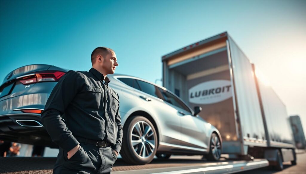 A professional auto transport scene in Fort Lauderdale, showcasing a sleek car being loaded onto a modern transport truck under bright, clear blue skies. In the foreground, focus on a diligent worker in a smart, branded uniform, carefully securing the vehicle, symbolizing professionalism. The middle ground features the shiny transport truck with a Fort Lauderdale skyline in the background, emphasizing the city known for its shipping and transport services. Capture the sunlight reflecting off the truck and car, creating a vibrant atmosphere filled with trust and reliability. The angle of the shot is slightly elevated, suggesting a view from nearby, inviting the viewer into the scene. The overall mood should be professional and reassuring, ideal for promoting auto transport services.