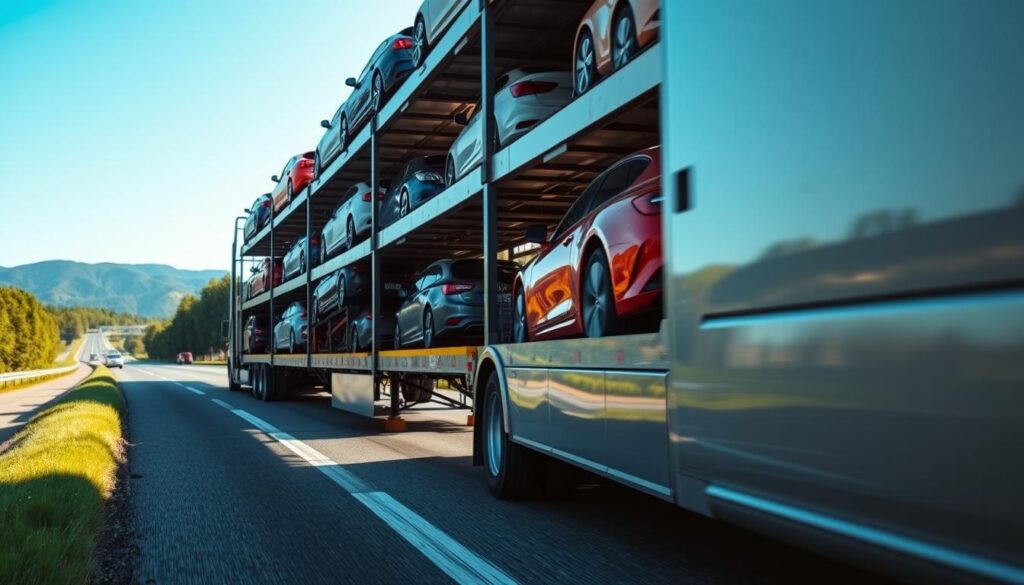 A professional auto transport scene on an interstate highway. In the foreground, a shiny car carrier truck meticulously loaded with colorful vehicles, showcasing different makes and models. The middle ground features a smooth, well-maintained highway lined with green trees and a clear blue sky, suggesting a sunny day. In the background, distant hills provide a serene backdrop, emphasizing the scale of the transport service. The lighting is bright and natural, illuminating the vehicles and enhancing their colors. The angle is a slight low shot, capturing the dynamic essence of the transport process. The mood conveys reliability and professionalism, ideal for illustrating the benefits of auto transport services. A professional auto transport scene on an interstate highway. In the foreground, a shiny car carrier truck meticulously loaded with colorful vehicles, showcasing different makes and models. The middle ground features a smooth, well-maintained highway lined with green trees and a clear blue sky, suggesting a sunny day. In the background, distant hills provide a serene backdrop, emphasizing the scale of the transport service. The lighting is bright and natural, illuminating the vehicles and enhancing their colors. The angle is a slight low shot, capturing the dynamic essence of the transport process. The mood conveys reliability and professionalism, ideal for illustrating the benefits of auto transport services.