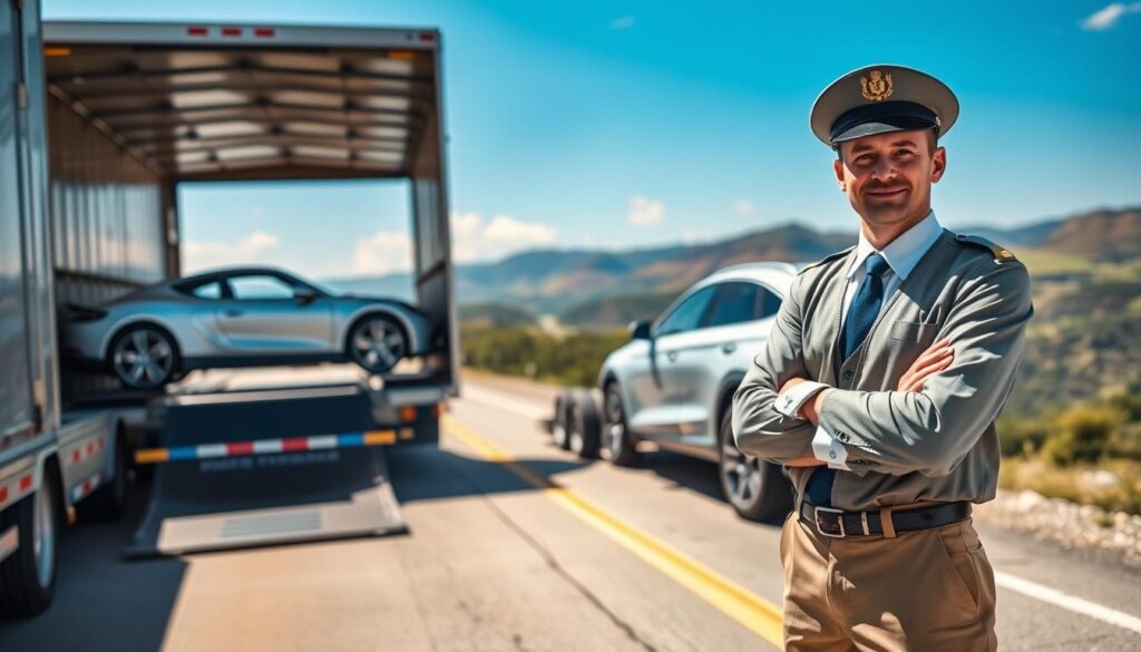 A professional auto transport scene set in North Carolina, showcasing a sleek car being loaded onto an open car carrier. In the foreground, a confident, well-dressed driver in a crisp uniform stands beside the transport truck, demonstrating expertise and readiness. In the middle ground, the car carrier is securely loaded with a shiny, colorful vehicle, signifying safe transport. The background features the iconic landscapes of North Carolina, including rolling hills and a clear blue sky, evoking a sense of trust and reliability. Utilize bright, natural lighting to enhance the scene, with a slightly elevated angle to capture the full perspective of the transport process. The mood is professional and efficient, highlighting the importance of utilizing certified transport services for vehicle shipping.