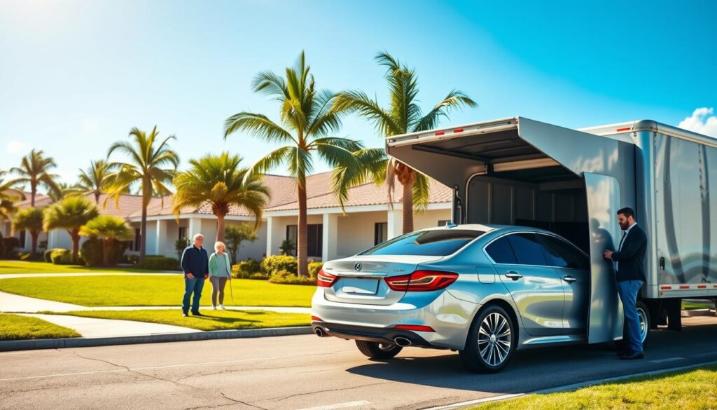 A professional auto transport scene set in a bright, sunny Florida landscape. In the foreground, a state-of-the-art car carrier truck, gleaming in the sunlight, is unloading a shiny sedan in front of a modern retirement community. The driver, dressed in smart business attire, supervises the unloading process, showcasing professionalism. In the middle ground, well-kept palm trees and manicured lawns evoke a relaxed, welcoming atmosphere, while a few retirees, casually dressed yet tidy, can be seen admiring the sleek vehicle being delivered. The background features a clear blue sky, reflecting the warmth of Florida, with lush greenery contributing to a sense of tranquility. The lighting is bright and inviting, creating a cheerful mood that emphasizes the convenience and quality of professional auto transport services.