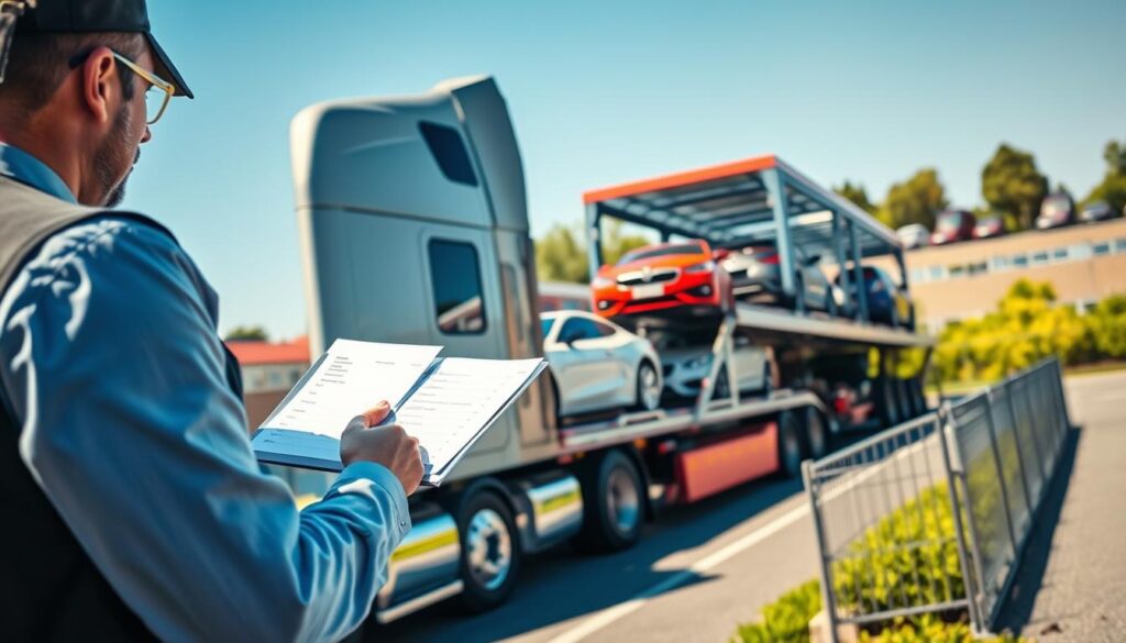 A professional auto transport scene set on a sunny day, featuring a sleek car carrier truck loaded with various vehicles, carefully arranged for safe shipping. In the foreground, a professional transport driver in a crisp uniform examines a delivery manifest, with the truck's polished chrome and vibrant colors reflecting the sunlight. The middle ground showcases the car carrier with an array of cars in different colors and models, emphasizing the reliability and efficiency of the service. In the background, a transport yard is visible, lined with fences and vibrant greenery, suggesting a bustling but organized environment, with clear blue skies overhead. The lighting is bright, casting soft shadows that enhance the details of the vehicles and setting, creating a sense of trust and professionalism.