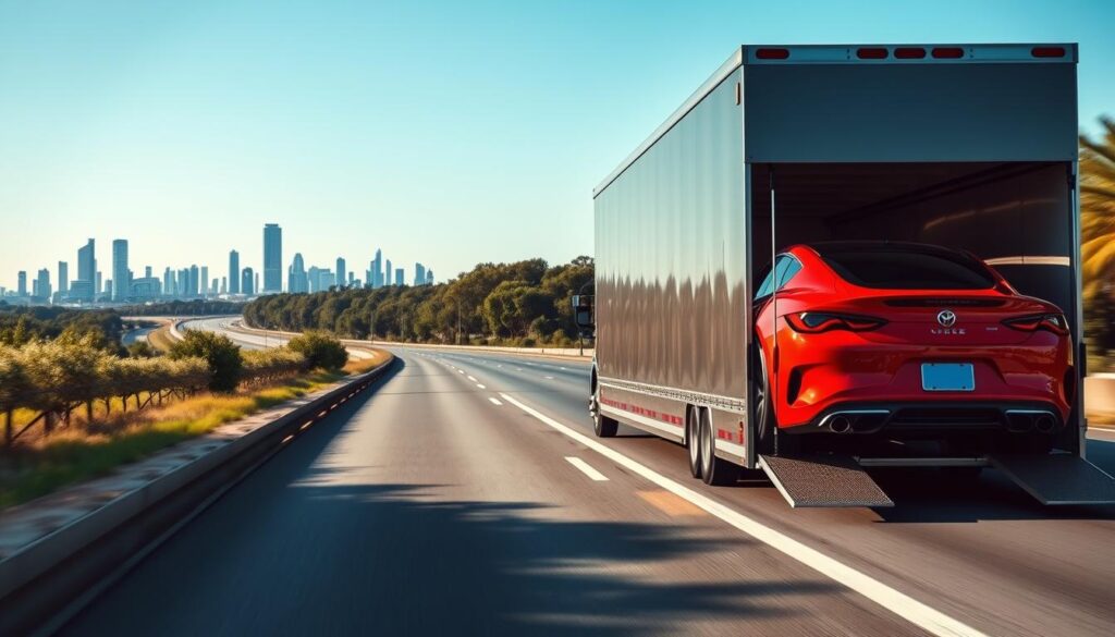 A professional auto transport scene showcasing a sleek, enclosed auto transport truck on a highway, loaded with a luxury car in vivid colors. In the foreground, the truck’s polished exterior reflects sunlight, emphasizing its modern design. The middle ground features the road stretching toward the horizon, flanked by lush greenery and a clear blue sky, creating a sense of movement and efficiency. In the background, urban elements hint at the journey from Houston to Atlanta, with distant skyscrapers subtly fading into the skyline. The lighting is bright and natural, as if it’s midday. Capture the professionalism and reliability of auto transport with an overall mood of confidence and tranquility.