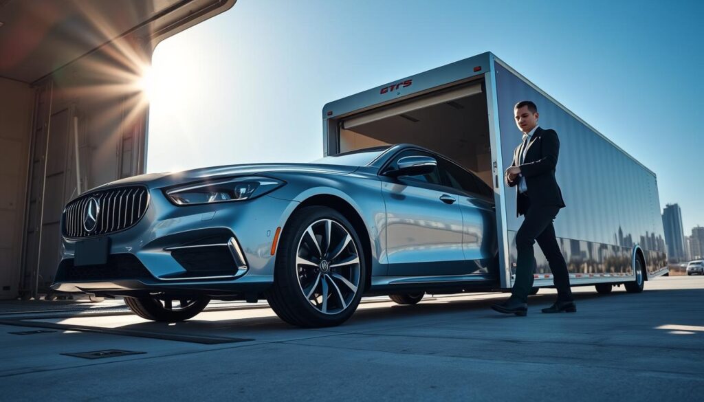 A professional auto transport scene showcasing a sleek, modern car being loaded onto a state-of-the-art car carrier. In the foreground, the car transporter is parked on a wide, well-lit loading dock, with glimmering sunlight reflecting off its metallic surface. The middle ground features a transport staff member, dressed in a smart uniform, confidently securing the car with safety straps, embodying a sense of professionalism and care. In the background, the skyline of Houston is faintly visible, suggesting the destination, while the clear blue sky conveys a feeling of optimism and trust. Use bright, natural lighting to emphasize the scene, captured from a slightly elevated angle to add depth and focus on the safe shipping process. The atmosphere is one of confidence and reliability. A professional auto transport scene showcasing a sleek, modern car being loaded onto a state-of-the-art car carrier. In the foreground, the car transporter is parked on a wide, well-lit loading dock, with glimmering sunlight reflecting off its metallic surface. The middle ground features a transport staff member, dressed in a smart uniform, confidently securing the car with safety straps, embodying a sense of professionalism and care. In the background, the skyline of Houston is faintly visible, suggesting the destination, while the clear blue sky conveys a feeling of optimism and trust. Use bright, natural lighting to emphasize the scene, captured from a slightly elevated angle to add depth and focus on the safe shipping process. The atmosphere is one of confidence and reliability.