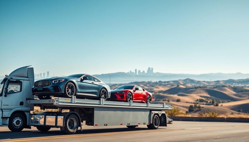 A professional auto transport scene showcasing a sleek, modern car carrier truck in the foreground, securely loaded with luxury vehicles. The middle ground features vivid colors and details of the cars, highlighting their polished surfaces and branding. In the background, a clear blue sky stretches over a distant view of the Denver skyline, symbolizing the starting point, while rolling hills leading to a sunny Los Angeles landscape suggest the journey ahead. The lighting is bright and natural, emphasizing the professionalism of the auto transport service. The atmosphere is one of reliability and efficiency, evoking a sense of trust in choosing professional auto transport. The camera angle captures the truck from a low perspective, adding a powerful presence to the vehicle and the cars it carries.
