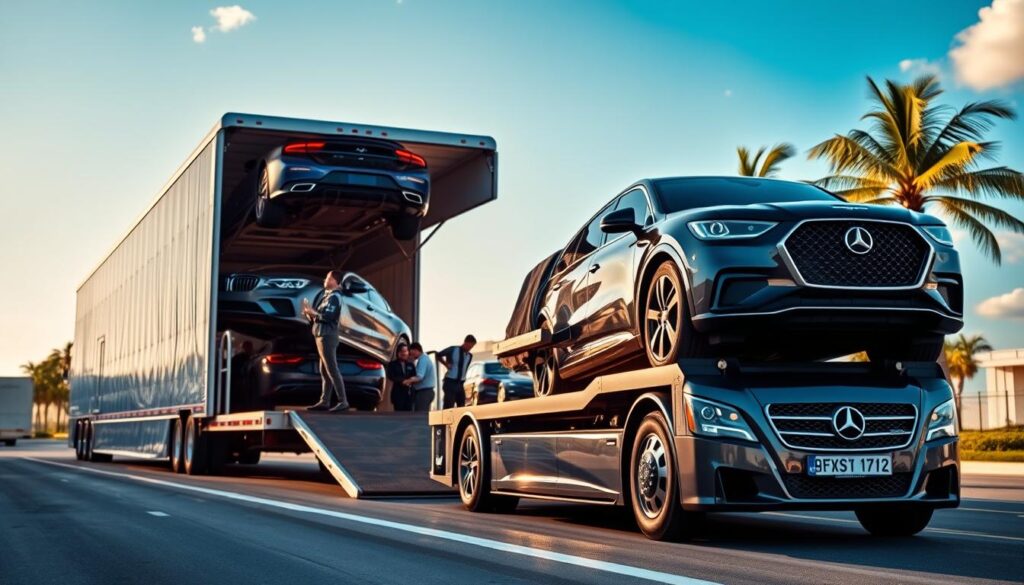 A professional auto transport scene, showcasing a sleek, modern car carrier truck loaded with luxury vehicles, positioned prominently in the foreground. The middle ground features a well-lit loading area with a team of uniformed transport experts inspecting the vehicles, ensuring safety and precision. In the background, a clear blue sky and palm trees evoke the Florida ambiance, suggesting the ultimate destination. Natural sunlight illuminates the scene, casting soft shadows and enhancing the vibrant colors of the cars. A wide-angle lens captures the dynamic angle of the truck and highlights the professionalism of the transporting process. The mood is trustworthy and efficient, conveying the expert care taken in professional auto transport.