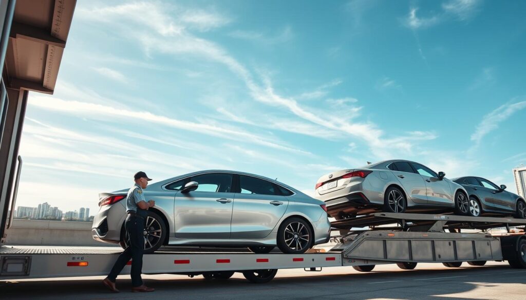 A professional auto transport service scene featuring a modern car carrier truck parked at a loading dock in Albany, preparing to ship vehicles to Tampa. In the foreground, a sleek, shiny car is being loaded onto the transport truck by an experienced, uniformed worker. The middle ground showcases additional cars secured on the carrier, with tire straps and protective covers visible. The background depicts a clear blue sky with wispy clouds, hinting at a sunny day, and a distant view of the Albany skyline. Soft, natural lighting illuminates the scene, creating a warm and reliable atmosphere. The camera angle is slightly low and wide, emphasizing the height of the truck and the meticulous care of the loading process, suggesting professionalism and expertise in auto transport.