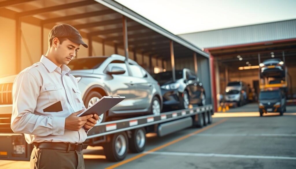 A professional car shipping company in action, showcasing a transport truck loaded with shiny, new vehicles. In the foreground, a driver in a crisp uniform inspects the cargo with a clipboard, embodying diligence and care. The middle ground features the transport truck, with cars securely strapped down, gleaming under soft sunlight. In the background, a bustling warehouse with workers loading additional vehicles creates a dynamic setting. Golden hour lighting casts a warm glow, enhancing the sense of trust and professionalism. The overall atmosphere conveys reliability and attention to detail, reflecting what makes a good car shipping company. The scene is set in an industrial area with clear skies, emphasizing efficient logistics and careful handling.