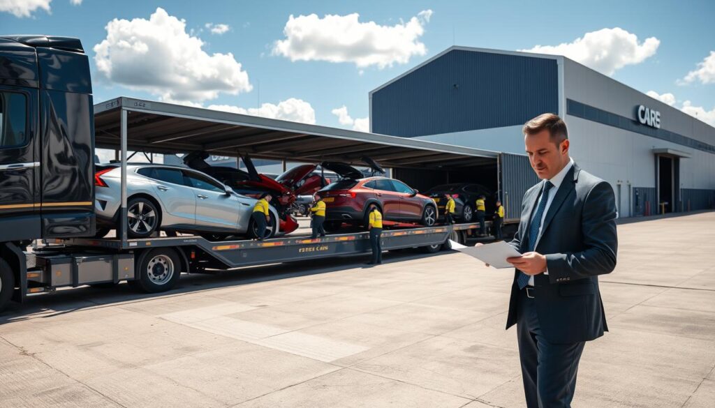 A professional car shipping company scene set at a bustling logistics hub. In the foreground, a well-dressed logistics manager, wearing a suit, examines important paperwork on a clipboard while standing next to a shiny transport truck loaded with cars. In the middle ground, several vehicles in various colors are being carefully loaded onto a car carrier trailer by trained staff, displaying precision and safety protocols. The background features a bright blue sky with a few fluffy clouds, large shipping containers, and a prominent company sign attached to a modern warehouse. The scene is brightly lit, suggesting a sunny day, with a focus on professionalism and trustworthiness. The overall atmosphere conveys reliability and efficiency in the car shipping industry. A professional car shipping company scene set at a bustling logistics hub. In the foreground, a well-dressed logistics manager, wearing a suit, examines important paperwork on a clipboard while standing next to a shiny transport truck loaded with cars. In the middle ground, several vehicles in various colors are being carefully loaded onto a car carrier trailer by trained staff, displaying precision and safety protocols. The background features a bright blue sky with a few fluffy clouds, large shipping containers, and a prominent company sign attached to a modern warehouse. The scene is brightly lit, suggesting a sunny day, with a focus on professionalism and trustworthiness. The overall atmosphere conveys reliability and efficiency in the car shipping industry.