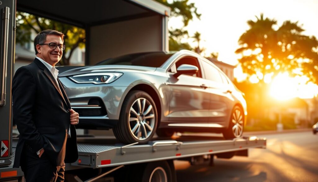 A professional car shipping scene depicting a sleek, well-maintained vehicle being loaded onto a transport truck in Connecticut, with the lush greenery of the Northeast in the background. In the foreground, a friendly, dressed-in-business-attire logistics coordinator supervises the operation, ensuring care and attention to detail. The middle layer features a high-quality transport truck with ramps, showcasing the vehicle's secure positioning. The background includes hints of classic Connecticut architecture, perhaps a tree-lined street, transitioning into a sunny Florida landscape, suggesting the journey ahead. The lighting is warm and inviting, reminiscent of late afternoon, with soft shadows adding depth. The overall atmosphere is one of reliability and professionalism, emphasizing the importance of trusted car shipping services. A professional car shipping scene depicting a sleek, well-maintained vehicle being loaded onto a transport truck in Connecticut, with the lush greenery of the Northeast in the background. In the foreground, a friendly, dressed-in-business-attire logistics coordinator supervises the operation, ensuring care and attention to detail. The middle layer features a high-quality transport truck with ramps, showcasing the vehicle's secure positioning. The background includes hints of classic Connecticut architecture, perhaps a tree-lined street, transitioning into a sunny Florida landscape, suggesting the journey ahead. The lighting is warm and inviting, reminiscent of late afternoon, with soft shadows adding depth. The overall atmosphere is one of reliability and professionalism, emphasizing the importance of trusted car shipping services.