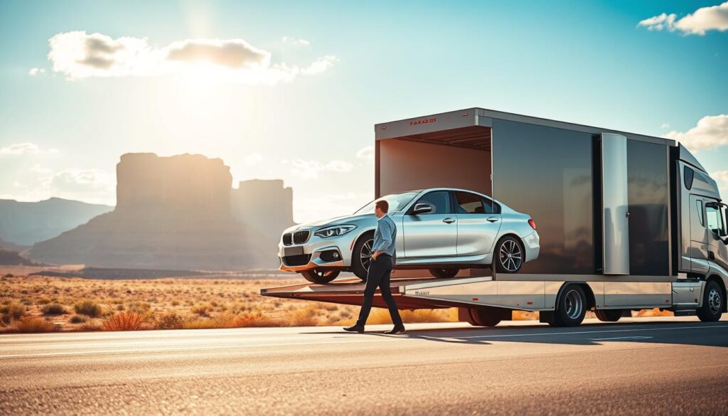 A professional car shipping scene illustrating the cost of transporting a vehicle from Utah to Texas. In the foreground, a well-maintained car is being loaded onto a modern, open car carrier truck, with two business professionals in smart casual attire discussing logistics. In the middle ground, the truck is positioned on a highway, set against a backdrop of the vast Utah landscape, showcasing red rock formations and rolling hills transitioning into Texas terrain. The background features a clear blue sky with soft clouds, with warm sunlight casting a golden hue on the scene, conveying a sense of reliability and trustworthiness. The angle captures the action dynamically, emphasizing the efficiency of the car shipping process. A professional car shipping scene illustrating the cost of transporting a vehicle from Utah to Texas. In the foreground, a well-maintained car is being loaded onto a modern, open car carrier truck, with two business professionals in smart casual attire discussing logistics. In the middle ground, the truck is positioned on a highway, set against a backdrop of the vast Utah landscape, showcasing red rock formations and rolling hills transitioning into Texas terrain. The background features a clear blue sky with soft clouds, with warm sunlight casting a golden hue on the scene, conveying a sense of reliability and trustworthiness. The angle captures the action dynamically, emphasizing the efficiency of the car shipping process.