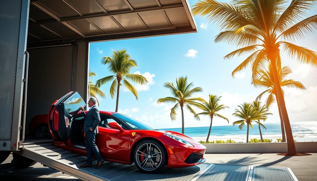 A professional car shipping scene set in a vibrant Florida landscape. In the foreground, a well-maintained transport truck unloading a shiny, red sports car, with the driver's door open as a person in business attire stands beside it, inspecting the vehicle. The middle layer showcases a scenic view featuring palm trees and bright blue skies, capturing the essence of Florida. In the background, a glimpse of the ocean can be seen, adding an inviting atmosphere. The lighting is bright and sunny, emphasizing a cheerful mood, while the angle is slightly elevated to capture both the truck and the surrounding scenery. The overall composition conveys a sense of reliability and professionalism in car shipping.
