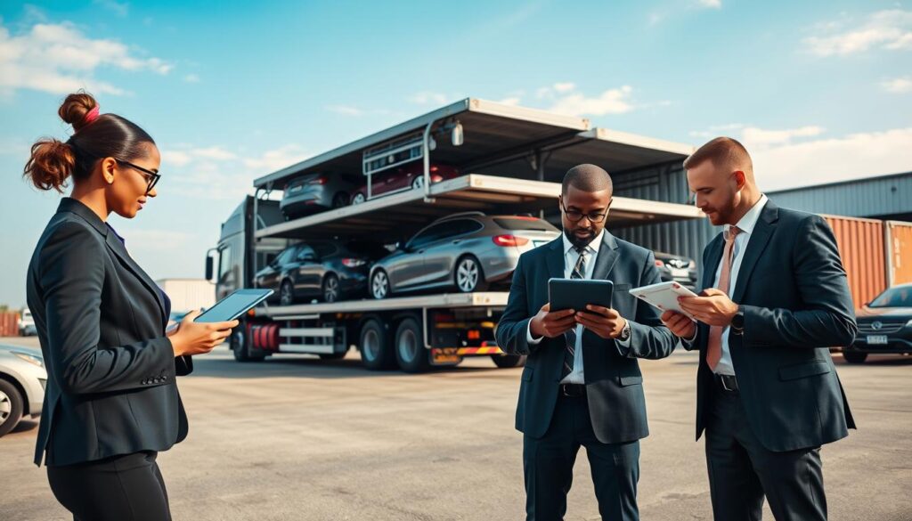 A professional car shipping scene, showcasing a large, modern vehicle transport truck loaded with various cars, located in a shipping yard. In the foreground, include two diverse professionals in business attire examining shipping quotes on digital tablets, with pensive expressions reflecting the complexities of pricing. The middle ground should have the truck backed up to a shipping container, while a few additional vehicles are strategically parked nearby for added context. In the background, depict a clear blue sky with subtle clouds, enhancing the bright daylight atmosphere. The mood should convey a sense of diligence and professionalism, with an angle that emphasizes the scale of the truck and vehicles, using vibrant colors and sharp details.