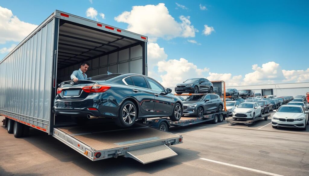 A professional car shipping scene showcasing a transportation yard filled with various vehicles ready for shipment. In the foreground, a shiny sedan is being carefully loaded onto an enclosed trailer by a truck driver in a crisp, professional uniform. The middle ground features rows of cars on transport trucks, some with protective covers, illustrating a bustling shipping operation. In the background, a clear sky with soft clouds casts natural light, enhancing the bright colors of the cars and equipment. Use a wide-angle perspective to capture the scale and activity of the yard, creating a mood of efficiency and care, indicative of the meticulous process of shipping vehicles securely.