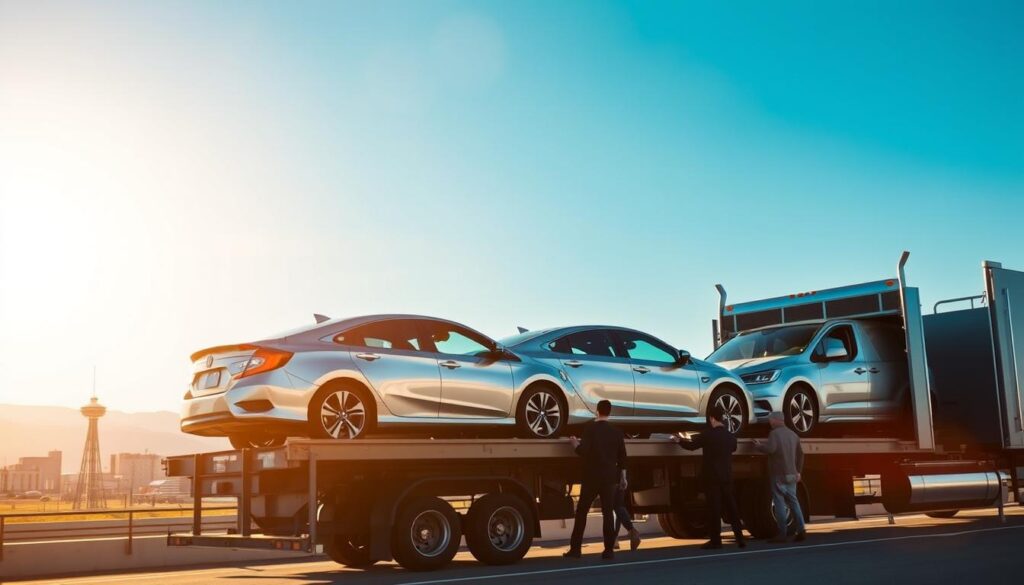 A professional car shipping scene showcasing multiple vehicles being loaded onto a modern transport truck, set against the backdrop of a sunny Sacramento landscape. In the foreground, a neatly organized car carrier with sleek sedans and SUVs, glistening under the warm sunlight, evokes a sense of reliability. The middle ground features the bustling activity of workers in professional attire guiding vehicles onto the truck, emphasizing teamwork and efficiency. In the background, iconic Sacramento landmarks fade into a clear blue sky, hinting at the journey ahead to Las Vegas. The scene is vibrant with natural lighting that highlights the shiny vehicles, creating a mood of optimism and adventure, suitable for an article about car shipping.