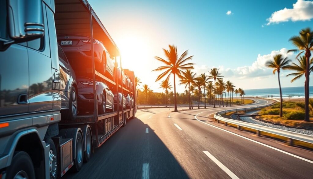 A professional car shipping service in Florida, featuring a transport truck loaded with shiny, diverse vehicles on an open highway. In the foreground, the truck is detailed, showcasing the careful loading process, with workers in professional attire securing the cars with care. The middle ground reveals a sunny Florida landscape, with palm trees lining the road under a bright blue sky and a warm, inviting atmosphere. In the background, a glimpse of the ocean can be seen, reflecting the sunlight, emphasizing Florida's coastal vibe. The image captures the efficiency and reliability of car shipping, with soft natural lighting highlighting the colors and details, shot at a slight angle to give a dynamic feel to the scene.