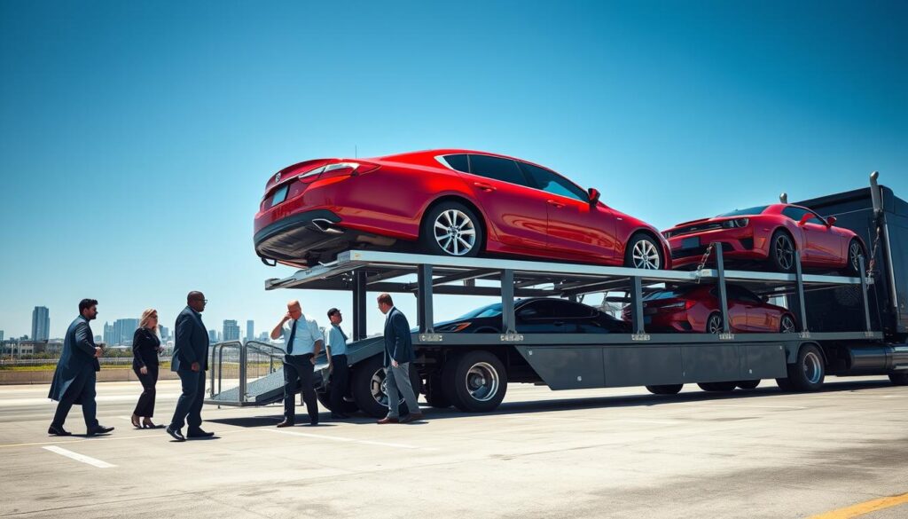 A professional car shipping service scene, featuring a well-organized shipping yard in the foreground, where a diverse team of workers in smart business attire carefully load a shiny red sedan onto a large truck. The middle ground includes a pristine, expansive car carrier truck with straps securing a row of vehicles, glowing under bright sunlight. In the background, a clear blue sky stretches above the Tampa skyline, indicating a strong logistical network. The mood is efficient and professional, showcasing the ease and reliability of the car shipping process. The image should have bright, natural lighting, a slight aerial angle for a comprehensive view, and should evoke a sense of trust and professionalism in vehicle transportation.