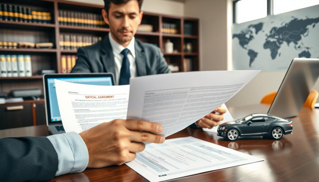 A professional-looking individual, dressed in smart business attire, sits at a polished wooden desk, examining a detailed car shipping agreement. The foreground focuses on their hands closely analyzing the document, showcasing a close-up view of the contract with terms related to fees, shipment timelines, and vehicle safety. In the middle ground, a laptop with an open spreadsheet displays shipping costs, while a sleek car model is placed beside the documents. The background features a well-organized office space with bookshelves filled with legal texts and a world map on the wall, symbolizing global shipping. Bright, natural light streams through a large window, creating a warm, focused atmosphere that conveys the importance of understanding shipping agreements.
