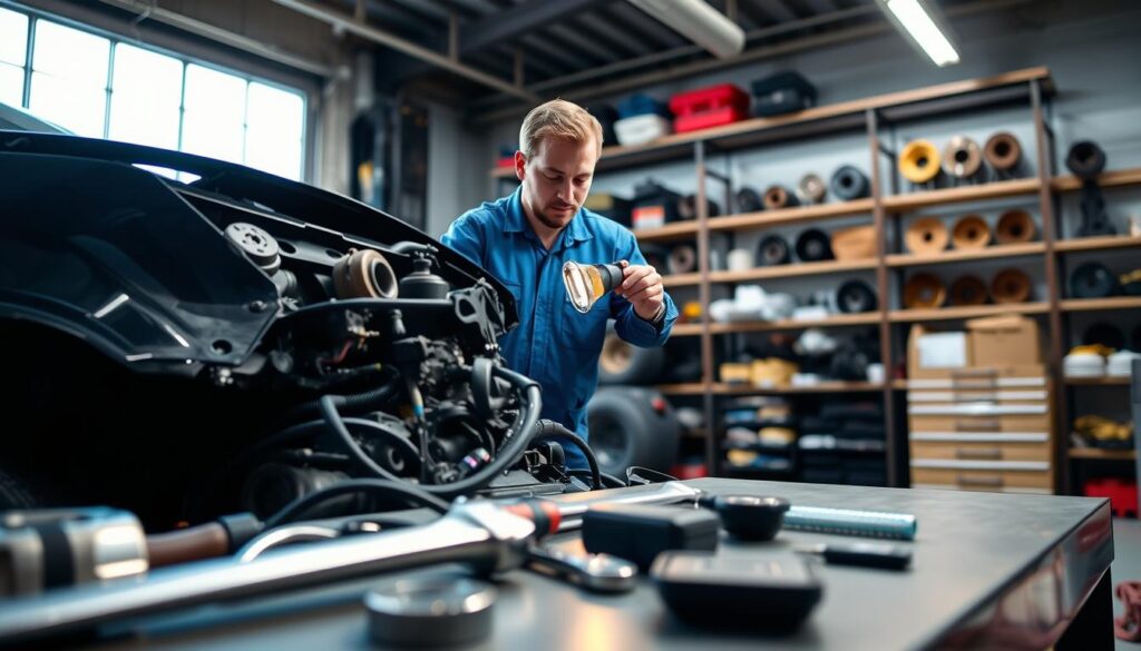 A professional mechanic, dressed in a neat blue jumpsuit, carefully examines a non-running car in a well-lit garage. In the foreground, tools such as wrenches and diagnostic equipment lie on a workbench, emphasizing the assessment process. The middle ground features the mechanic inspecting the car’s engine, focused and attentive, with their flashlight casting a warm glow on the engine components. In the background, shelves filled with automotive parts create an organized yet active environment. The lighting is bright and inviting, highlighting the vehicle's condition while maintaining a serious tone. The atmosphere is one of professionalism and diligence, capturing the importance of assessing vehicle condition before shipping. The image should evoke a sense of reliability and thoroughness essential for accurate quotes.