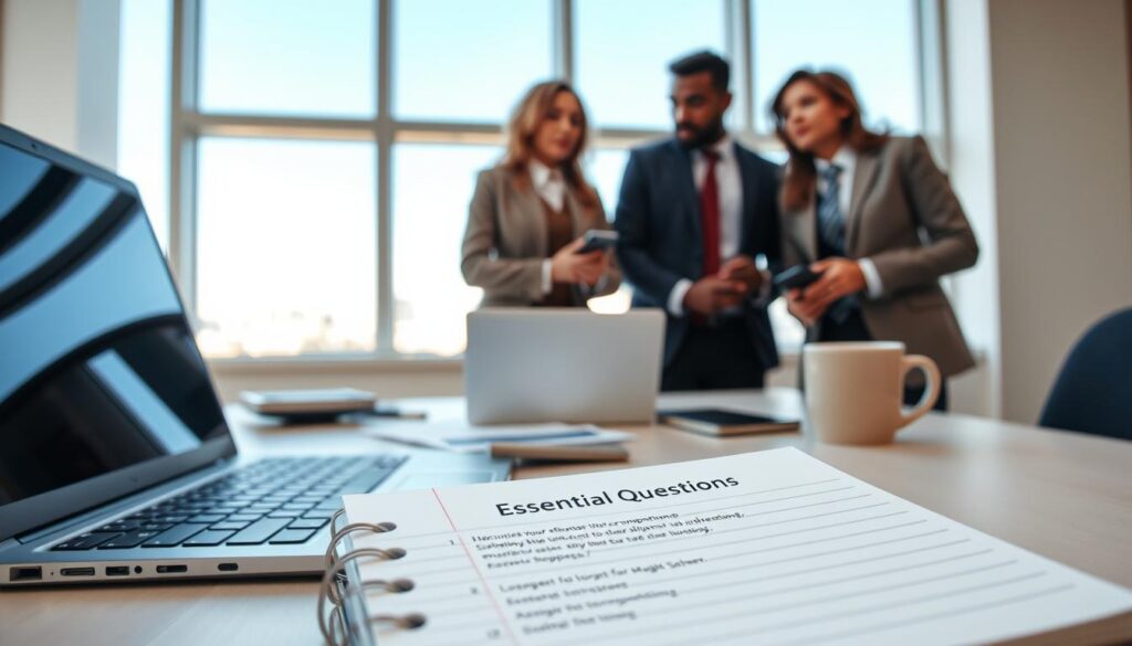 A professional office environment featuring a clean, modern desk setup. In the foreground, a notepad with bullet points titled "Essential Questions for Car Shipping" is open, surrounded by a laptop, a smartphone, and a cup of coffee. In the middle ground, a diverse group of three people—two men and one woman—are engaged in a focused discussion. They are dressed in smart business attire, with expressions of contemplation and interest. In the background, a window displays a clear blue sky and a cityscape, allowing natural light to flood the room, creating a warm and inviting atmosphere. The camera angle is slightly tilted downward, capturing the details of the desk while emphasizing the engaged discussion among the group. A professional office environment featuring a clean, modern desk setup. In the foreground, a notepad with bullet points titled "Essential Questions for Car Shipping" is open, surrounded by a laptop, a smartphone, and a cup of coffee. In the middle ground, a diverse group of three people—two men and one woman—are engaged in a focused discussion. They are dressed in smart business attire, with expressions of contemplation and interest. In the background, a window displays a clear blue sky and a cityscape, allowing natural light to flood the room, creating a warm and inviting atmosphere. The camera angle is slightly tilted downward, capturing the details of the desk while emphasizing the engaged discussion among the group.