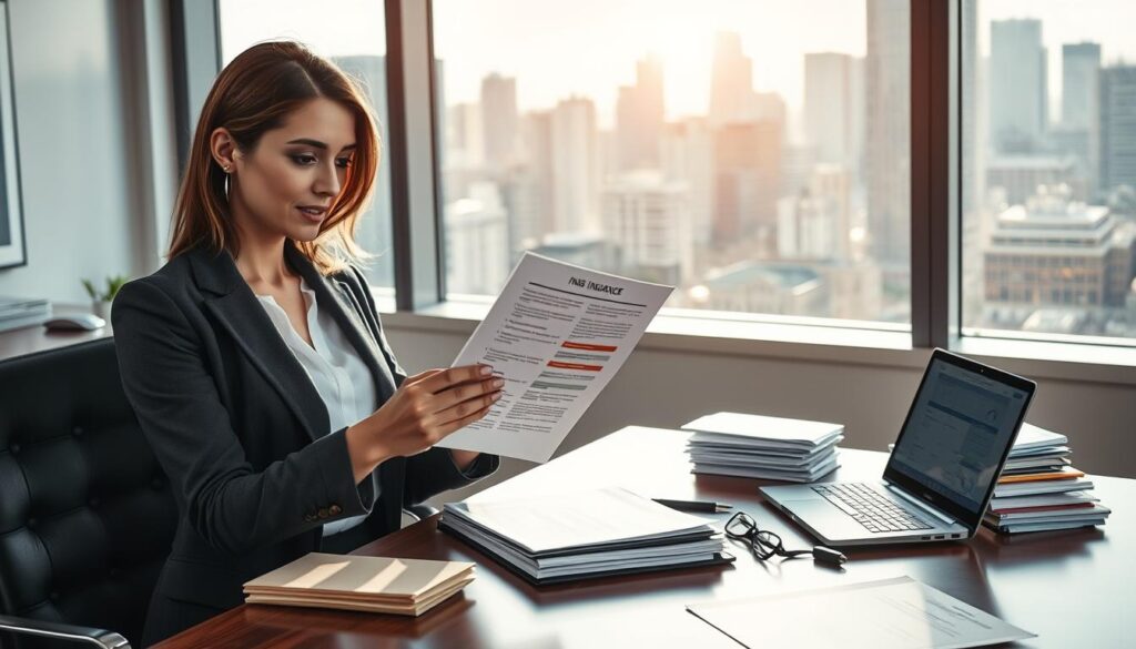 A professional office environment illustrating the concept of insurance coverage for car shipping. In the foreground, a confident, business-attired woman examines a document with essential insurance information, symbolizing trust and reliability. The middle layer features a polished desk cluttered with folders, a laptop displaying graphs, and an insurance certificate, emphasizing procedural decorum. In the background, a large window reveals a city skyline, allowing natural light to filter in and create a warm, inviting atmosphere. The lighting is soft yet bright, enhancing focus on the subject. The overall mood conveys professionalism and thoroughness in verifying credentials for car shipping services, presenting an image of diligent assessment and assurance.