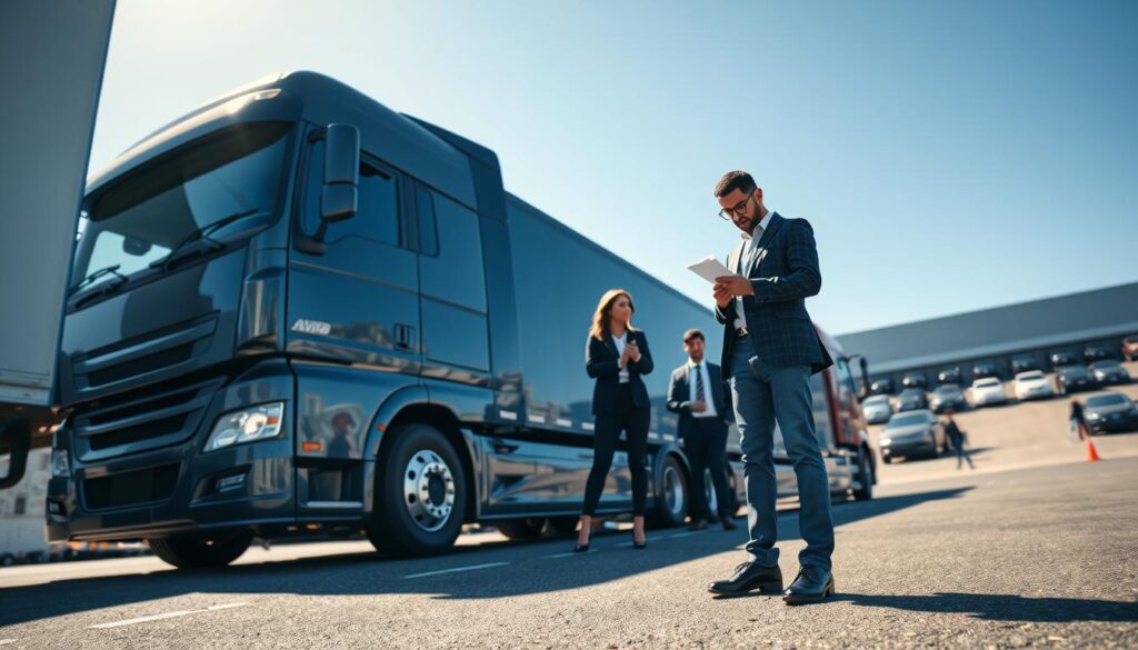A professional scene depicting a modern auto transport company in action. In the foreground, a sleek, well-maintained auto transport truck is parked, showcasing its sleek lines and reflective surfaces. In the middle ground, a diverse group of individuals in business attire, including a woman analyzing documents and a man inspecting the truck, embody professionalism. The background features a clear blue sky and a well-organized lot filled with additional vehicles ready for transport. Bright sunlight casts soft shadows, enhancing the details of the truck’s design. The atmosphere is one of reliability and efficiency, capturing the essential elements of an auto transport service. The image should be framed from a low angle, emphasizing the height of the truck while providing a dynamic perspective.