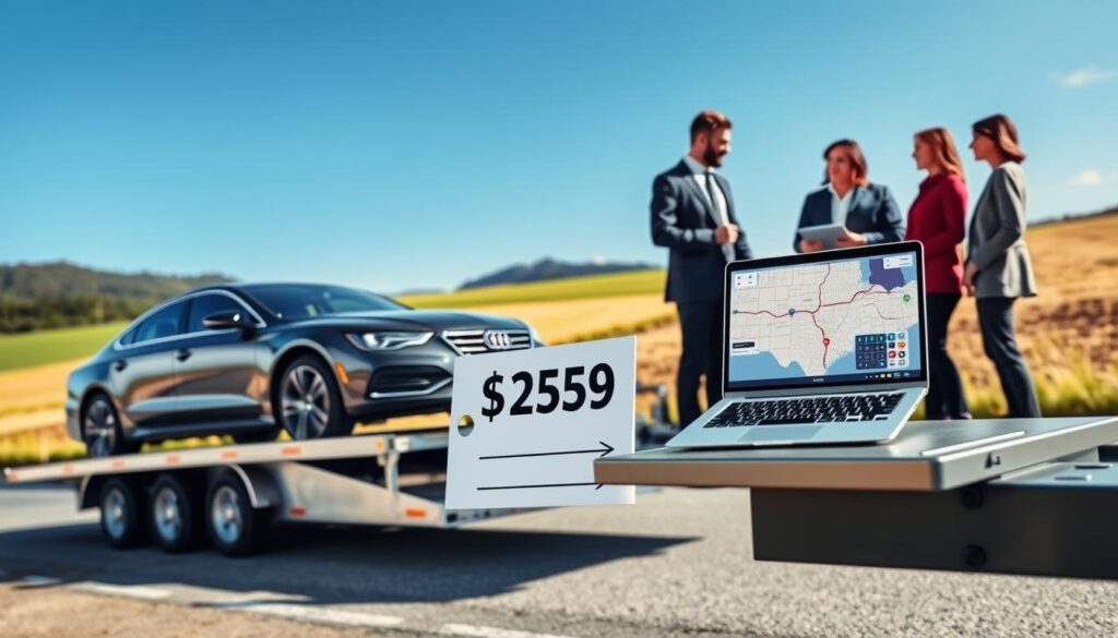 A professional scene depicting the concept of auto transport pricing. In the foreground, a sleek car on a transport trailer with an attention-grabbing price tag displayed prominently. The middle ground features a friendly, diverse group of people in professional business attire discussing logistics, with a laptop showing a calculator and map for route estimation. In the background, a clear blue sky contrasts with the vibrant green Oregon landscape transitioning into the warm hues of the Texas countryside. The scene is illuminated by soft, natural lighting, giving an inviting and informative atmosphere. The angle captures both the car transport and the engaged conversation, emphasizing the theme of understanding costs in car shipping.