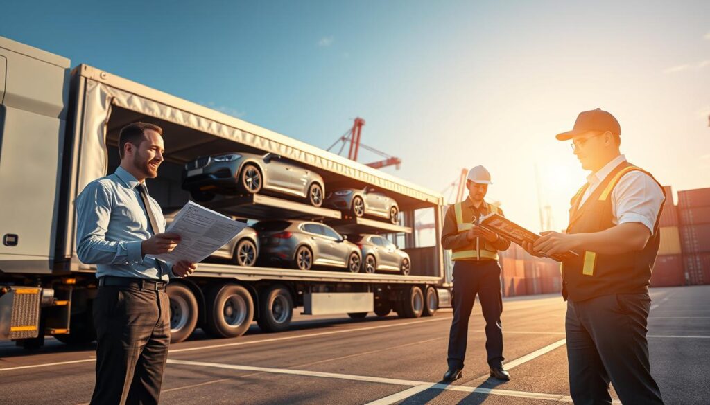 A professional scene depicting the concept of carrier liability and cargo protection in the shipping industry. In the foreground, a well-dressed logistics manager examines detailed shipping documents while standing next to a large, secure transport truck loaded with several cars, showcasing their proper positioning and protective coverings. In the middle ground, a delivery driver, wearing a clean uniform, is carefully reviewing cargo straps on the truck, emphasizing safety and attention to detail. The background features a modern shipping yard with cranes and containers under a clear blue sky, bathed in warm afternoon sunlight to create an optimistic and trusting atmosphere. The image should evoke a sense of professionalism and reliability in the transportation and shipping sector.