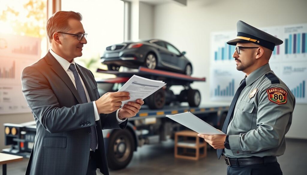 A professional setting depicting a licensed car carrier and broker discussing car shipping insurance. In the foreground, a well-dressed broker, in a tailored suit, confidently presents insurance documents to a knowledgeable carrier in uniform. The middle ground features a large car transport truck, loaded with various cars, emphasizing safe shipping practices. The background showcases an office environment, with charts and graphs highlighting key insurance statistics on the walls, and a large window revealing a sunny day outside. Soft, natural lighting illuminates the scene, creating an inviting and professional atmosphere, captured from a slightly elevated angle to emphasize both individuals and the transport truck, conveying the crucial role of licensed carriers and brokers in the car shipping insurance process. The overall mood is informative and collaborative.