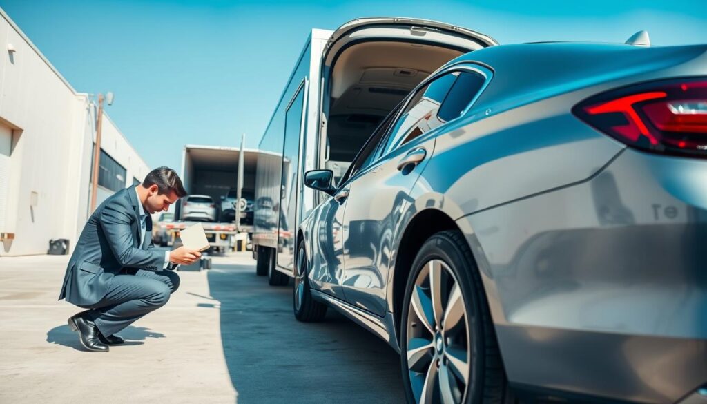 A professional vehicle inspection scene immediately upon delivery. In the foreground, a carefully dressed inspector in business attire kneels beside a newly arrived car, closely examining it for damage. The middle ground features a delivery truck with its rear doors open, revealing more vehicles inside. Bright, natural daylight illuminates the scene, casting soft shadows and highlighting the car’s glossy finish. In the background, a warehouse and a clear blue sky suggest an organized facility. The atmosphere conveys a sense of urgency and professionalism, showcasing the importance of inspecting the vehicle thoroughly right after delivery. Focus on details like the inspector's tools, the car’s surface reflecting the sunlight, and a clean, tidy environment.