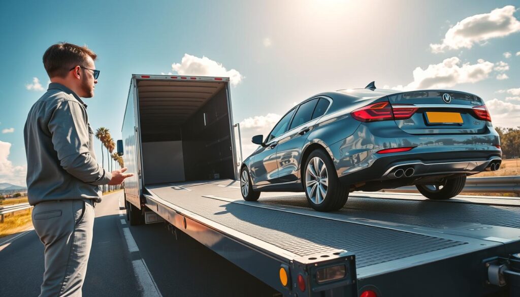 A professional vehicle transport scene illustrates a well-maintained car being loaded onto an open car carrier. In the foreground, a trained transport specialist in smart casual attire expertly supervises the loading process, ensuring safety and precision. The middle ground features the truck's ramp, with the shiny car slowly being driven up, glistening under bright, natural sunlight. In the background, a scenic highway stretches out, flanked by palm trees and the distant silhouette of a sunny Florida coastline, evoking a sense of destination and warmth. The sky is a vibrant blue with a few fluffy clouds, creating an inviting atmosphere. Use a wide-angle lens to capture the details and depth of the scene, ensuring focus on both the vehicle and transport logistics while highlighting the professionalism of the service.