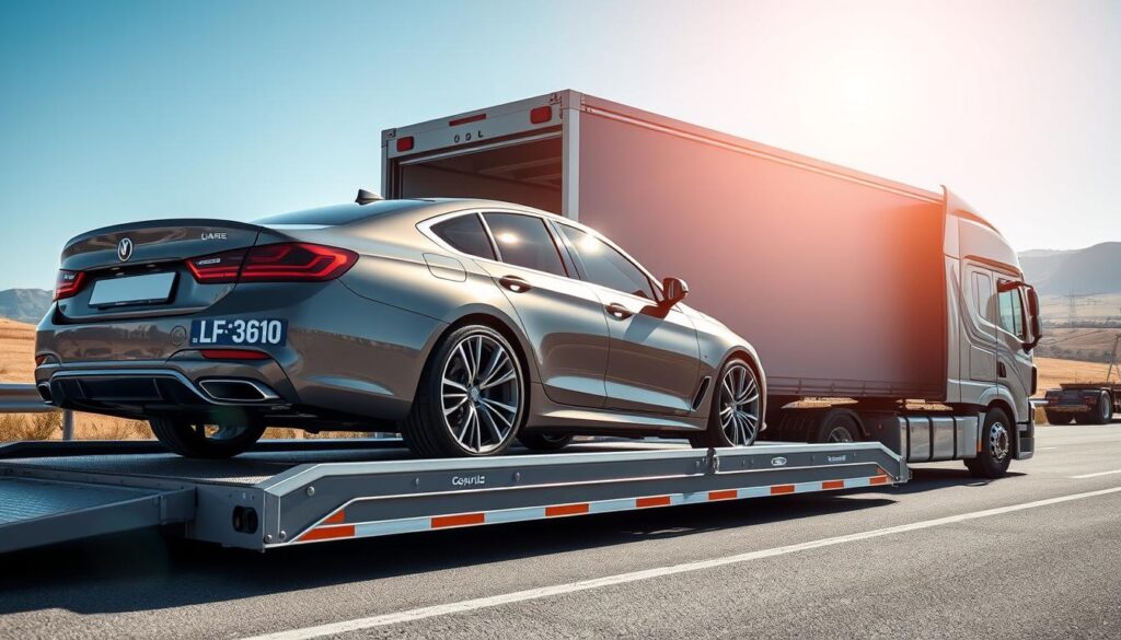 A professional vehicle transport scene showcasing a sleek car loaded onto an open car trailer, parked alongside a modern transport truck. In the foreground, emphasize the shiny exterior of the vehicle, reflecting sunlight with a gleaming finish. In the middle ground, the transport truck, painted in a bold color, stands prominently, displaying its robust structure and loading ramp. The background features a clear blue sky and a distant horizon with rolling hills, suggesting a long journey ahead. The lighting is bright and inviting, enhancing the feeling of safety and reliability in vehicle transport. The atmosphere conveys professionalism and efficiency, ideal for showcasing the benefits of hiring a professional vehicle transport service. A professional vehicle transport scene showcasing a sleek car loaded onto an open car trailer, parked alongside a modern transport truck. In the foreground, emphasize the shiny exterior of the vehicle, reflecting sunlight with a gleaming finish. In the middle ground, the transport truck, painted in a bold color, stands prominently, displaying its robust structure and loading ramp. The background features a clear blue sky and a distant horizon with rolling hills, suggesting a long journey ahead. The lighting is bright and inviting, enhancing the feeling of safety and reliability in vehicle transport. The atmosphere conveys professionalism and efficiency, ideal for showcasing the benefits of hiring a professional vehicle transport service.