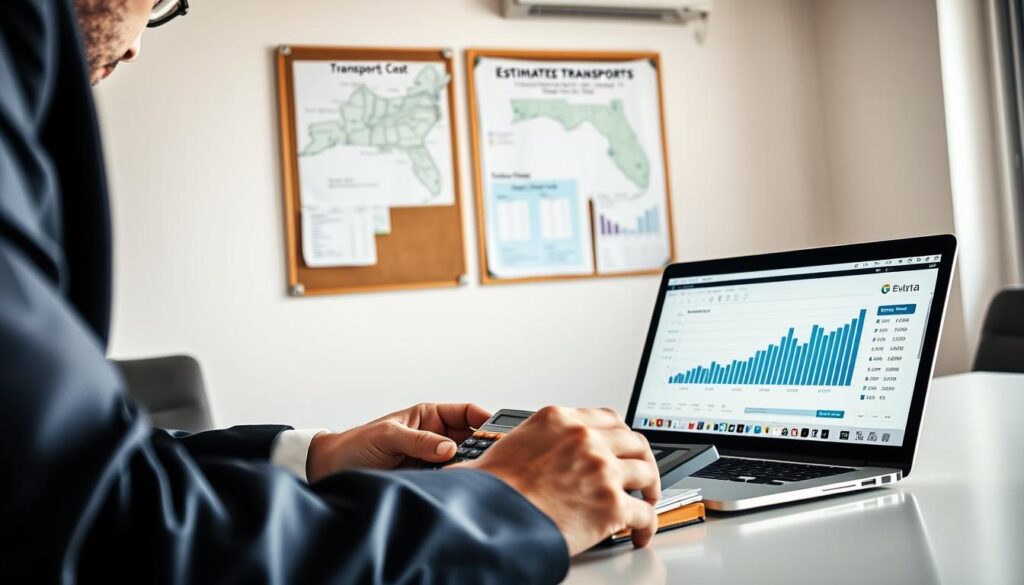 A professional workspace with a focus on estimating transport costs, featuring a neatly arranged desk with a laptop displaying a spreadsheet and graphs related to car shipping costs. In the foreground, a person in a business suit is intently analyzing the data, using a calculator and jotting down notes on a notepad. The middle layer shows a wall-mounted bulletin board with maps and transport logistics diagrams, hinting at a connection between New Jersey and Florida. In the background, a bright window allows natural light to flood the room, creating a warm and focused atmosphere. The scene conveys professionalism and diligence, emphasizing the careful planning involved in estimating transport costs for car shipping. The composition should have a slight tilt, giving it a dynamic view.