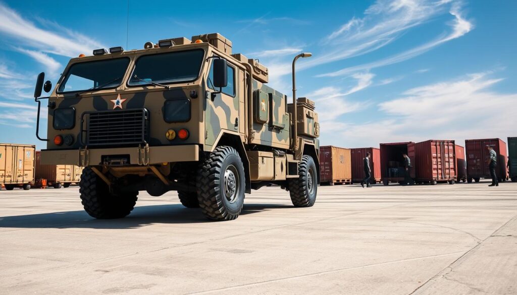 A realistic military PCS vehicle in a bright, sunlit environment, showcasing its rugged design and camouflaged exterior. In the foreground, prominently display the vehicle—detailed with military insignia and equipment typical for transport. In the middle ground, depict an open military base landscape with shipping containers and personnel in professional military uniforms, coordinating logistics and preparing for transport. The background should include a clear blue sky with a few wispy clouds, evoking a sense of order and efficiency. Use a low-angle perspective to emphasize the vehicle's robust build, capturing the essence of military precision and readiness. The mood is serious yet focused, highlighting the importance of logistics in military operations.