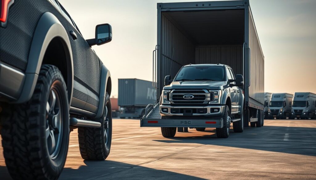 A rugged pickup truck parked on a shipping yard, showcasing its sturdy build and unique features. In the foreground, focus on the truck's textured exterior and the robust wheels, highlighting its capability for transport. In the middle ground, include a transport trailer designed for larger vehicles, emphasizing the process of loading and securing trucks for shipping. The background features a wide-open space with other shipping containers and trucks, hinting at a busy logistics hub. Soft, natural lighting bathes the scene in the late afternoon, casting gentle shadows, and creating a professional, industrious atmosphere. Capture this scene from a slightly elevated angle to provide a comprehensive view, emphasizing the unique challenges of transporting pickup trucks.