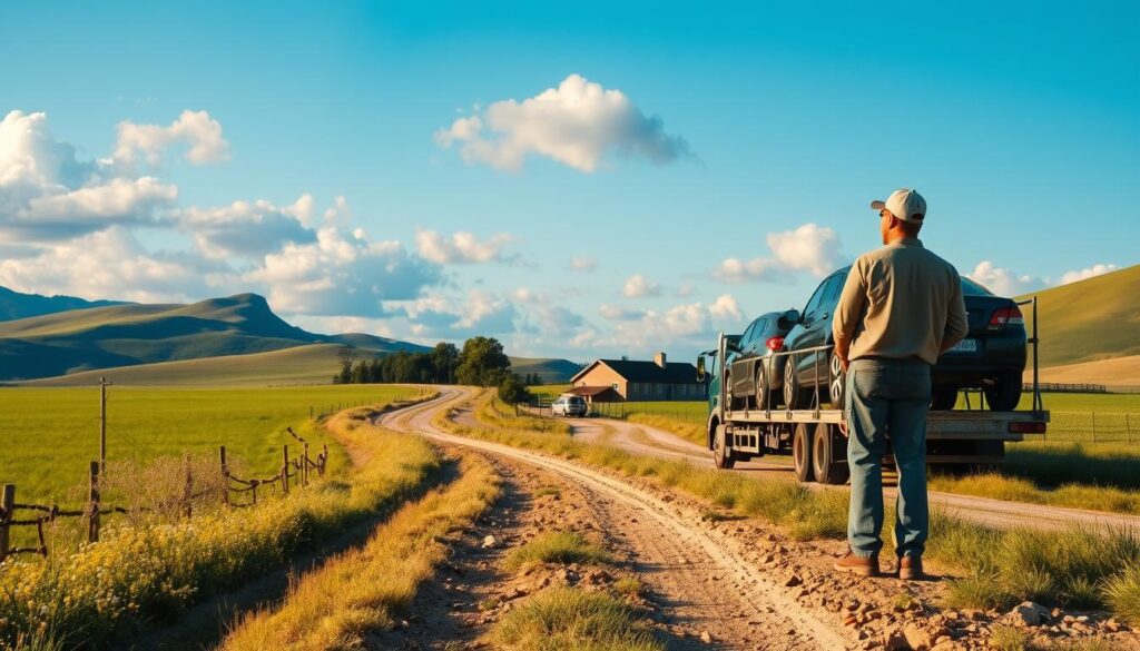 A rural landscape illustrating the challenges of car shipping, featuring a long, winding dirt road set against a backdrop of rolling hills and green fields. In the foreground, a transport truck loaded with several cars, depicting the logistics of auto transport. The truck driver, dressed in a casual work shirt and cap, observes the vehicles in a thoughtful manner. In the middle ground, patches of wildflowers and a small farmhouse with a wooden fence bring a touch of rustic charm. The background reveals a clear blue sky with soft, fluffy clouds, creating an inviting yet challenging atmosphere. The lighting is warm and natural, suggesting early morning or late afternoon, with shadows casting gently across the scene. The overall mood captures the essence of rural auto transport, emphasizing both beauty and logistical difficulties.