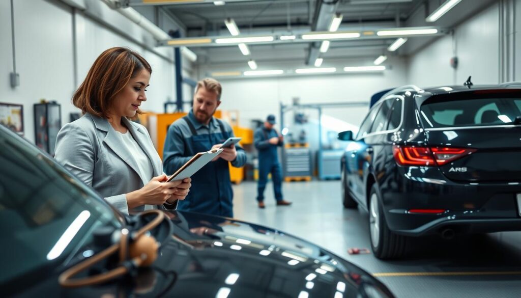 A scene depicting a vehicle inspection before shipping at a professional facility. In the foreground, a woman in a smart, modest business attire carefully examines a shiny car's exterior with a clipboard in hand, focusing on its clean surface. In the middle ground, a mechanic in coveralls uses a flashlight to inspect a car's undercarriage, highlighting the importance of thorough inspection. The background features a well-organized inspection bay with tools and transportation crates, under bright, fluorescent lighting, creating a clinical atmosphere. The overall mood is serious and professional, emphasizing the importance of vehicle cleanliness and inspection before shipping. The angle captures the entire scene from a slightly elevated perspective, ensuring all elements are clearly visible, with no text or watermarks. A scene depicting a vehicle inspection before shipping at a professional facility. In the foreground, a woman in a smart, modest business attire carefully examines a shiny car's exterior with a clipboard in hand, focusing on its clean surface. In the middle ground, a mechanic in coveralls uses a flashlight to inspect a car's undercarriage, highlighting the importance of thorough inspection. The background features a well-organized inspection bay with tools and transportation crates, under bright, fluorescent lighting, creating a clinical atmosphere. The overall mood is serious and professional, emphasizing the importance of vehicle cleanliness and inspection before shipping. The angle captures the entire scene from a slightly elevated perspective, ensuring all elements are clearly visible, with no text or watermarks.