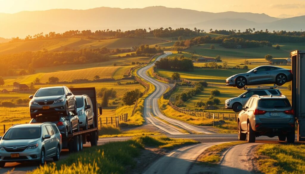 A scenic depiction of car shipping logistics in a rural setting. In the foreground, several cars are carefully loaded onto a large transport truck, showcasing a variety of vehicle types. In the middle ground, a winding dirt road leads into a lush green landscape adorned with small farms and fields, hinting at the remoteness of the area. Diverse trees and distant mountains create visual interest in the background, illustrating the rural environment. The scene is bathed in warm, natural light of a late afternoon, creating a soft, inviting atmosphere. The angle is slightly elevated, allowing viewers to appreciate both the logistics of car shipping and the tranquil rural setting.