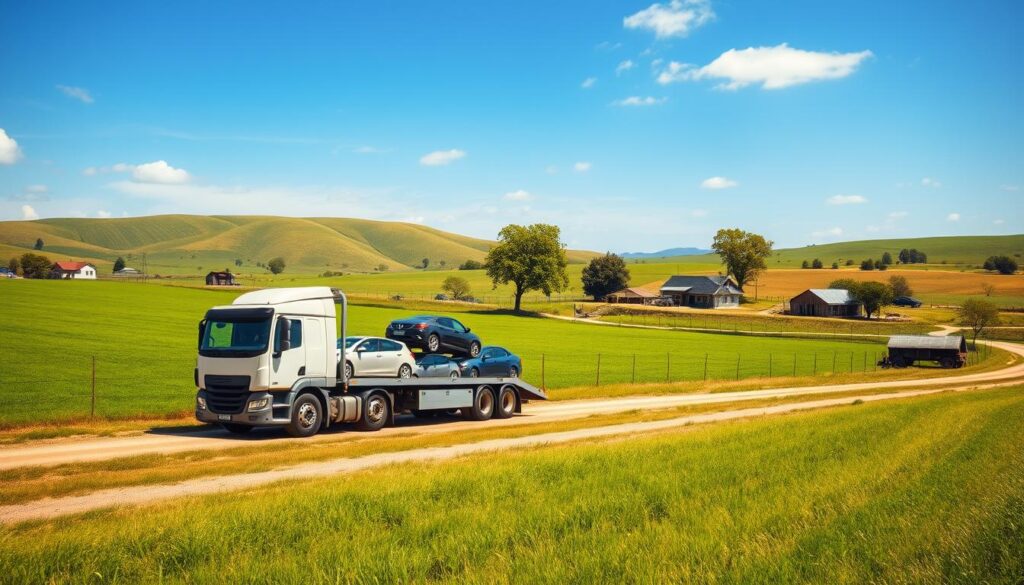 A scenic rural landscape depicting a car shipping operation, with a large transport truck on a dirt road in the foreground, unloading vehicles. The truck is well-maintained, showcasing various cars ready for delivery. In the middle ground, lush green fields stretch out under a bright blue sky, with a few scattered trees that enhance the rural charm. In the background, quaint farming buildings and rolling hills provide depth, suggesting a remote location. Use soft, warm lighting to evoke a sense of calm and reliability, while the image is captured with a slight low-angle perspective to emphasize the truck and cars. The overall mood is professional yet inviting, reflecting the importance of timely car shipping to rural areas.