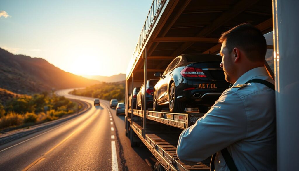 A scenic view depicting a busy auto transport route from Alabama to Texas, showcasing several car carriers loaded with vehicles traveling along a sunny highway. In the foreground, a professional driver wearing a neatly pressed uniform is checking his truck and inspecting the cars secured on the carrier. The middle ground features a winding road surrounded by lush greenery and rolling hills typical of Alabama, transitioning into the wide-open landscapes and blue skies of Texas. In the background, distant mountains with a warm sunset casting a golden glow create an inviting atmosphere. The lighting is bright and emphasizes the reliability and efficiency of the auto transport service. The overall mood conveys a sense of trust, professionalism, and the ease of transporting cars between these two states.
