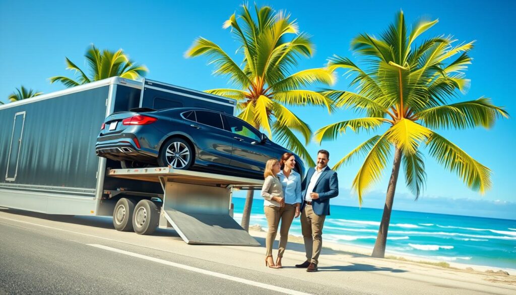 A scenic view featuring a snowbird car shipping scene, prominently showcasing a sleek, polished car loaded onto a transport truck. In the foreground, the truck is parked on a sunny Florida highway, displaying vibrant green palm trees and a clear blue sky. In the middle ground, a family in professional casual attire is discussing shipping options near the truck, with smiles on their faces, exuding excitement and anticipation. In the background, you can see a hint of a beach with ocean waves, suggesting the destination awaits. The lighting is bright and warm, casting soft shadows that enhance the cheerful, relaxed atmosphere of a tropical getaway. The image should capture the essence of convenience and care that comes with professional car shipping for snowbirds.
