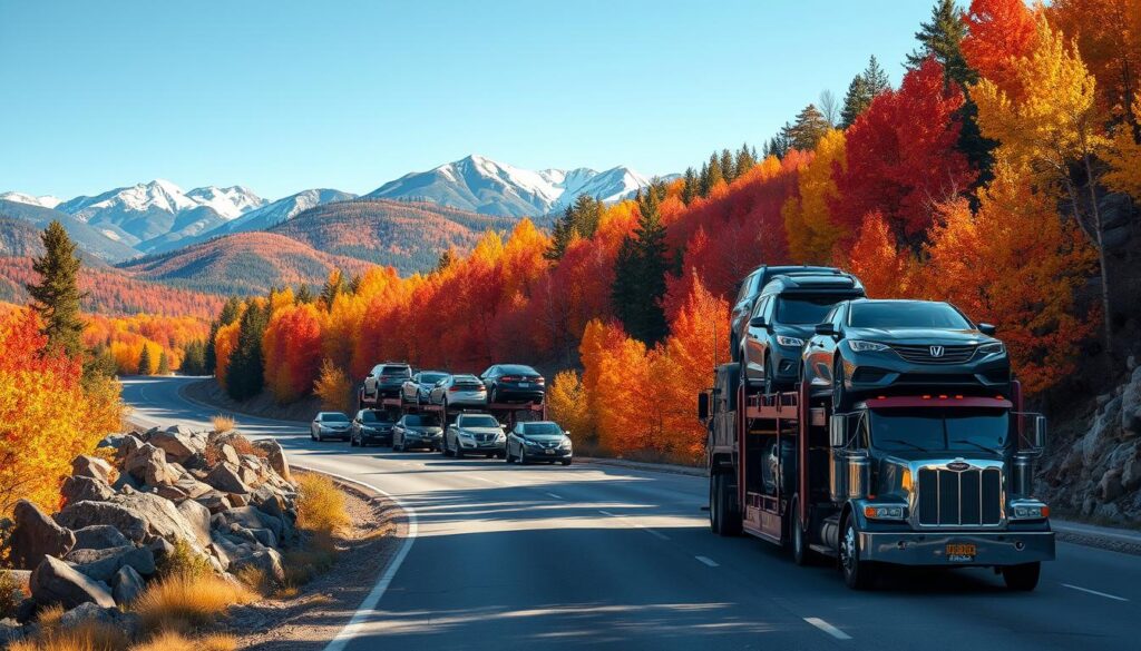 A scenic view of a truck transporting cars along a winding mountain road in Colorado, with vibrant autumn foliage on the trees showcasing reds, oranges, and yellows. In the foreground, a well-maintained car carrier truck fully loaded with various vehicles, all in excellent condition, gliding past rocky outcrops. The middle ground features distant mountains with snow-capped peaks under a clear blue sky. Soft morning light bathes the scene, creating gentle shadows. The image captures a professional and trustworthy atmosphere, emphasizing reliability in car shipping services. Use a wide-angle lens to enhance the depth and perspective, focusing on the road ahead, signifying the journey to Colorado. No people in the image, ensuring a clean, professional look.