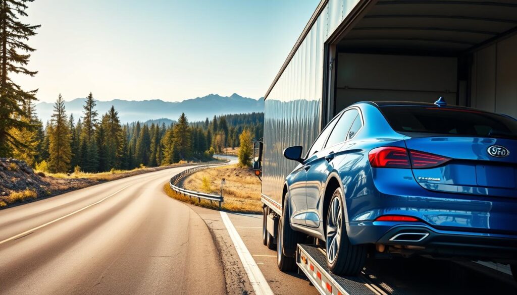 A scenic view of an auto transport truck loaded with cars, set against the backdrop of the iconic Washington state landscape featuring evergreen trees and the distant outline of the Cascade Mountains. In the foreground, a well-maintained blue car is being carefully loaded onto the truck by a professional driver in a smart uniform, showcasing an aspect of the car shipping process. The middle ground includes a clear highway winding through the beautiful scenery, with sunlight filtering through the trees, creating a warm and inviting atmosphere. The background captures the essence of Washington’s natural beauty, emphasizing the state's appeal and the efficiency of car shipping. The scene is bright and well-lit, with soft shadows, evoking a sense of professionalism and reliability in auto transport.