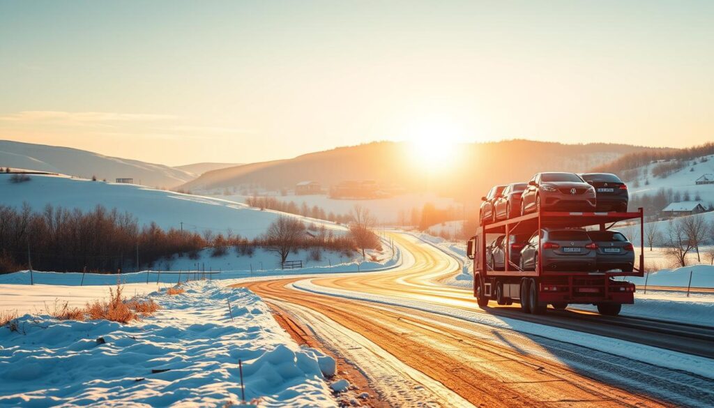 A scenic winter landscape depicting a seasonal transport pickup of cars, set against a backdrop of snow-covered hills and bare trees. In the foreground, a bright red car carrier truck, stacked with neatly arranged vehicles, prepares to embark on its journey south for the winter. Soft, early morning sunlight casts long shadows on the ground, giving a warm glow to the chilly scene. In the middle ground, a snow-laden road winds through the landscape, with the distant outline of a cozy town in the background, illustrating the transition from winter to a warmer climate. The mood is serene and focused on seasonal change, highlighting the importance of timely car shipping. The image should evoke a sense of preparation and planning for a seasonal journey.
