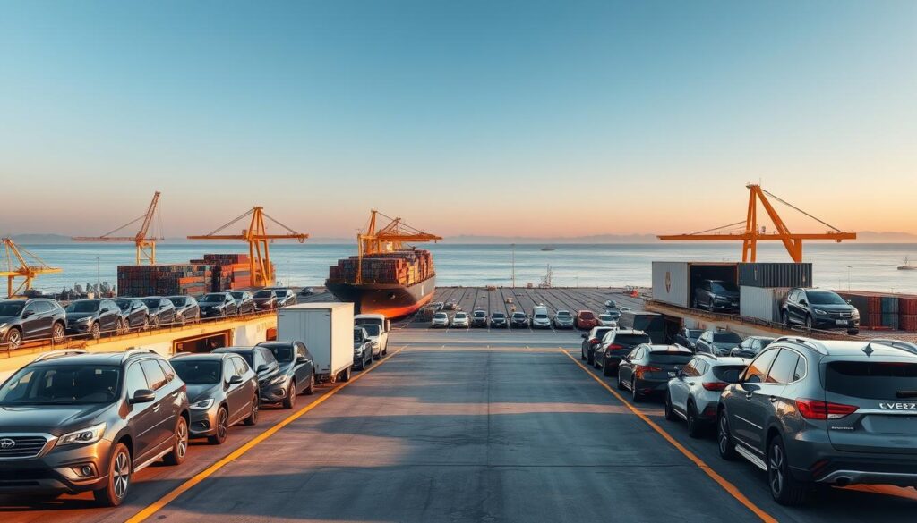 A secure, bustling vehicle shipping port at sunrise, capturing the start of a busy day. In the foreground, several transport trucks are loading cars onto large cargo ships, showcasing a mix of vehicles including sedans, SUVs, and classic cars. The middle ground features a wide, organized loading dock with shipping containers and cranes, emphasizing the scale of operations. In the background, a calm ocean reflects the soft pink and orange hues of dawn, while ships are silhouetted against the sky. The atmosphere is industrious yet serene, with clear blue skies and bright, natural lighting. The scene should evoke a sense of logistics efficiency and professionalism, capturing the essence of car shipping processes without any people, ensuring a clean, focused representation.