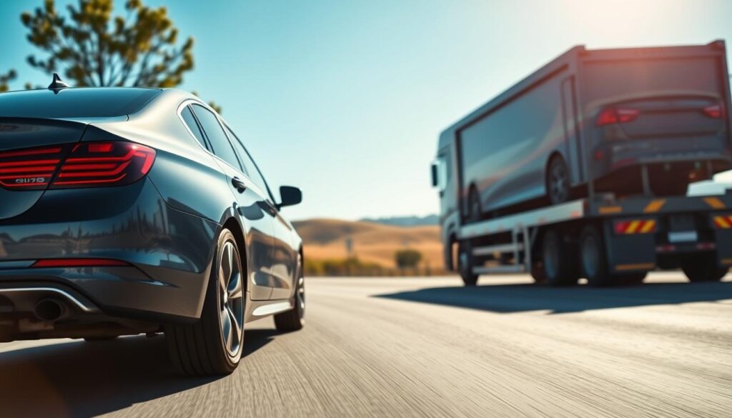 A serene auto transport scene depicting a professional car shipping operation. In the foreground, a sleek, well-maintained sedan is loaded onto a car carrier truck, showcasing safety equipment like straps and wheel chocks. The middle ground features a dynamic transport truck, painted in bright colors, on a smooth highway, with trees and blue skies reflecting a stress-free environment. In the background, gentle rolling hills provide a sense of movement towards a new destination. The lighting is bright and sunny, creating a warm, inviting atmosphere, captured from a slightly low angle to emphasize the truck's height and the car's elegance. The mood is efficient and organized, embodying the ease of interstate car shipping without complications. No human subjects are visible in this scene to maintain focus on the vehicles.