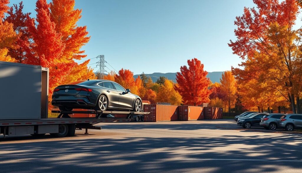 A serene autumn landscape depicting a car shipping yard, vibrant with the warm colors of fall foliage—reds, oranges, and yellows. In the foreground, a sleek, modern car is loaded onto a large, sturdy car carrier truck. The middle ground showcases multiple shipping containers and parked vehicles, emphasizing the logistics of car shipping. In the background, a clear blue sky provides contrast against the brilliant autumn colors, with a hint of distant mountains. The lighting is warm and inviting, suggesting a pleasant afternoon, with soft shadows cast by the trees. Overall, the atmosphere is calm and professional, highlighting the efficiency and organization involved in car shipping during the autumn season. A serene autumn landscape depicting a car shipping yard, vibrant with the warm colors of fall foliage—reds, oranges, and yellows. In the foreground, a sleek, modern car is loaded onto a large, sturdy car carrier truck. The middle ground showcases multiple shipping containers and parked vehicles, emphasizing the logistics of car shipping. In the background, a clear blue sky provides contrast against the brilliant autumn colors, with a hint of distant mountains. The lighting is warm and inviting, suggesting a pleasant afternoon, with soft shadows cast by the trees. Overall, the atmosphere is calm and professional, highlighting the efficiency and organization involved in car shipping during the autumn season.