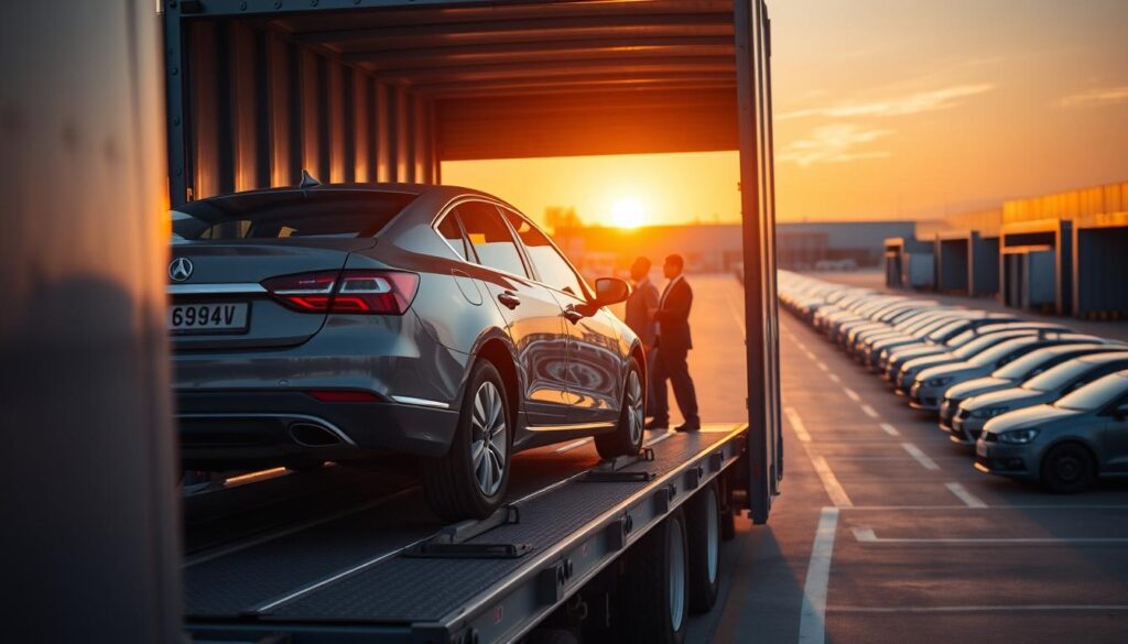 A serene car shipping yard at sunset, emphasizing safety precautions for long-distance transportation. In the foreground, a well-maintained car loaded onto a sturdy transport truck, secured with high-quality straps. In the middle, two professional workers dressed in business attire, inspecting the shipment with focus and care. The background features rows of safely parked vehicles, with clear signage indicating "Car Shipping Safety" and "Secure Transport". The lighting is warm and golden, providing a hopeful and reassuring atmosphere. A slight depth of field effect emphasizes the foreground vehicle while maintaining the clarity of the workers and the background, showcasing an organized and secure shipping environment.