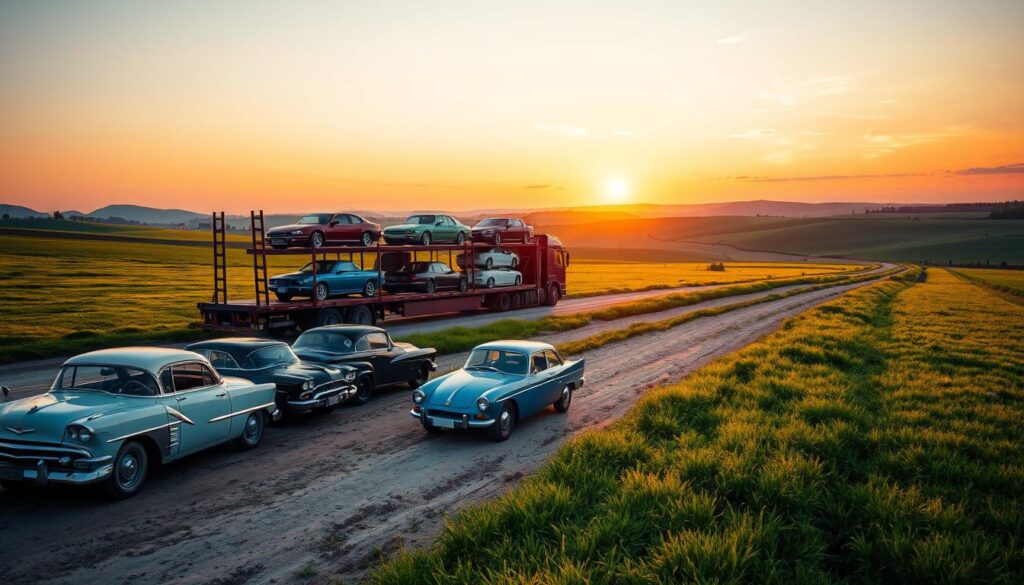 A serene rural landscape during golden hour, featuring a transport truck loaded with various cars, parked on a dirt road surrounded by lush green fields and gentle hills. In the foreground, a few vintage cars are artfully arranged near the truck, showcasing their colors and designs in detail. In the middle ground, the transport truck stands prominently, with the cars clearly visible in the sunshine, reflecting the light. In the background, a vast sky painted with warm hues of orange and pink as the sun sets, adding to the peaceful atmosphere. The scene evokes a sense of logistics and tranquility, demonstrating the car shipping process in a rural setting, captured from a slightly elevated angle to emphasize both the truck and the landscape.