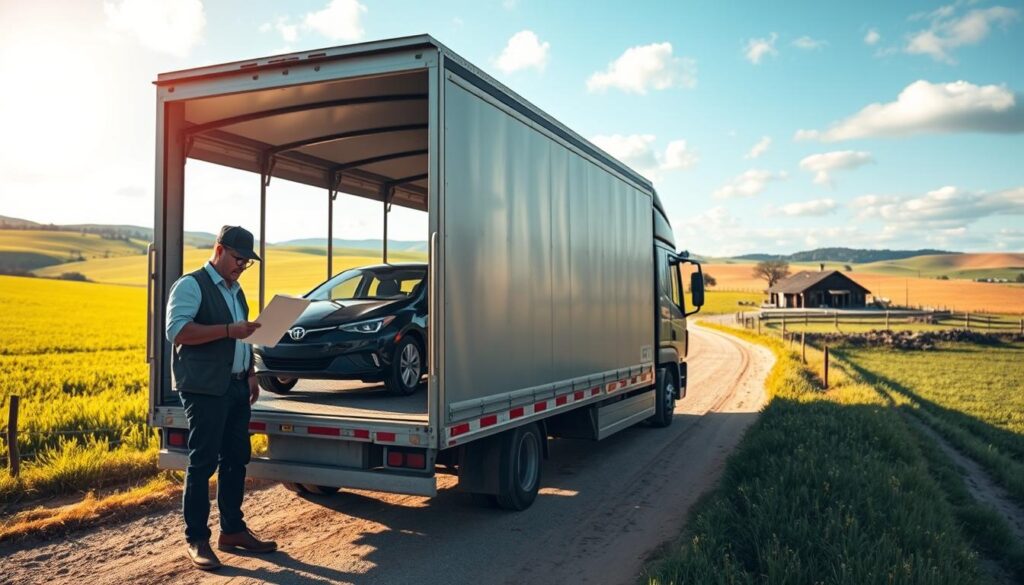 A serene rural landscape showcasing a car shipment process. In the foreground, a professional driver in smart casual attire checks transport paperwork beside an open truck filled with a few vehicles ready for delivery. The middle ground features a winding dirt road bordered by lush green fields and a distant rustic farmhouse. In the background, rolling hills stretch under a clear blue sky with soft, fluffy clouds. Warm, natural lighting enhances the peaceful atmosphere, with the sun casting gentle shadows. The angle captures a slightly elevated view, emphasizing the contrast between the rural setting and the modernity of the vehicles. Overall, the mood is calm and informative, highlighting the intricacies of rural car shipping logistics.